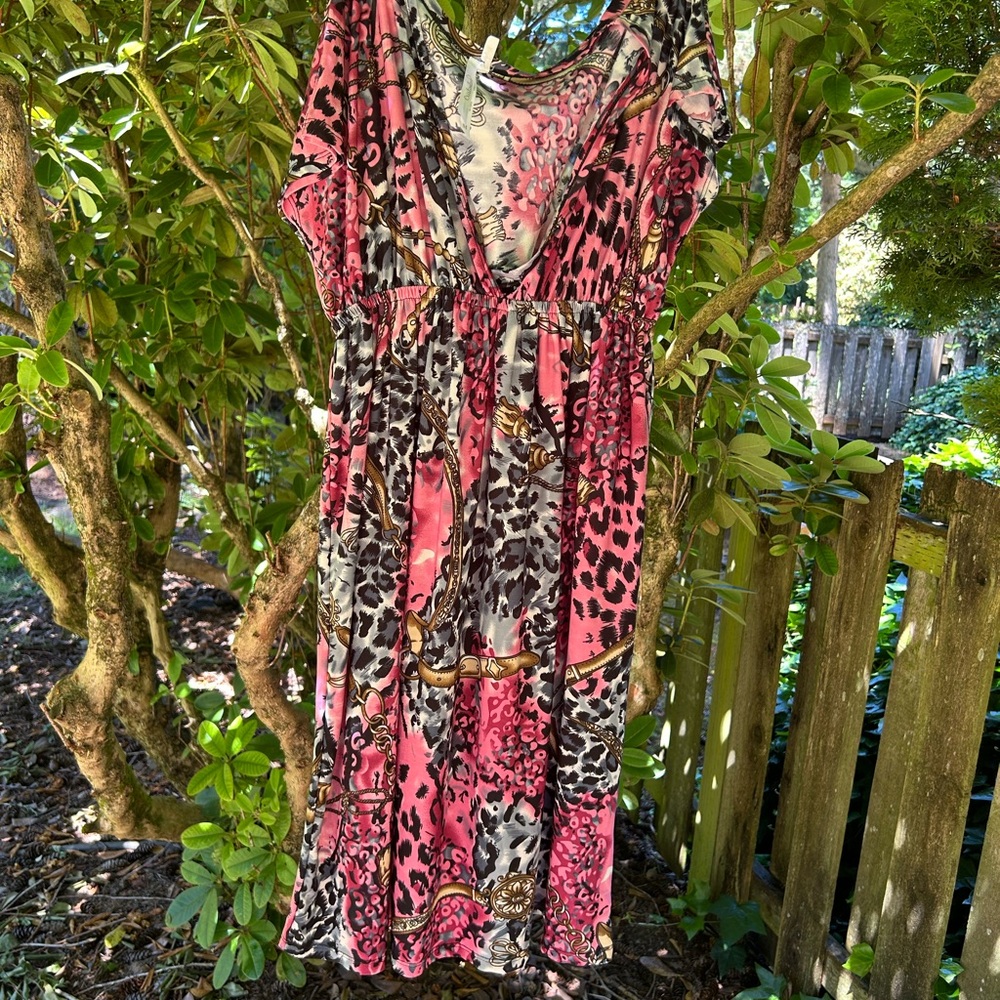 Cristinalove Pink and Black Animal Print Midi Dress